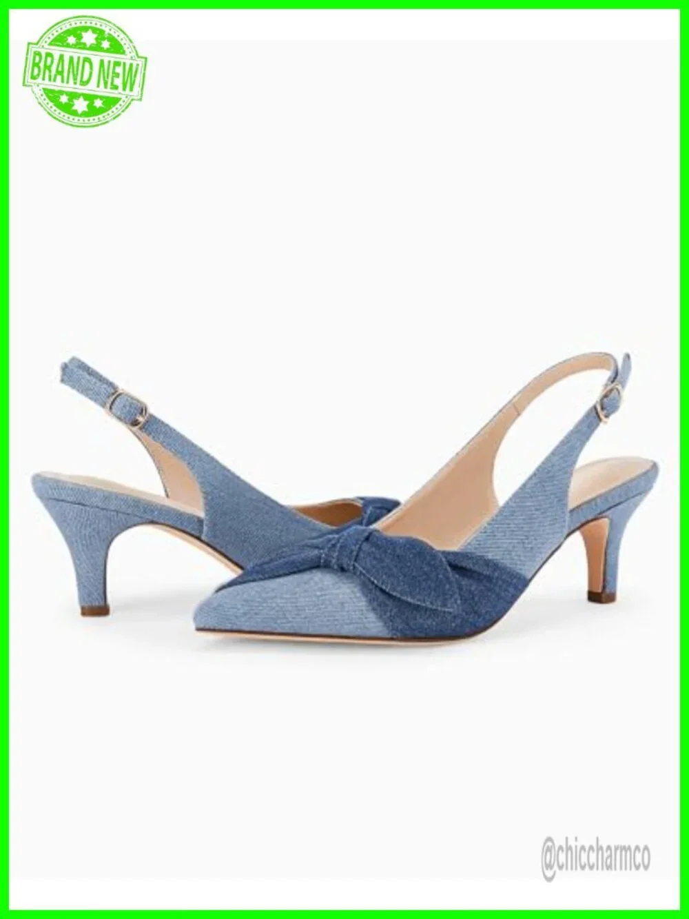 Denim Kitten Heels Slingback Pumps Closed Pointed Toe Dress Shoes